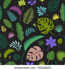 Vector seamless pattern tropical leaves. Bright and colorful green, blue, purple leaves on black background