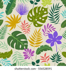 Vector seamless pattern tropical leaves. Bright and colorful wallpapers