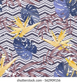 Vector seamless pattern with tropical leaves and flowers