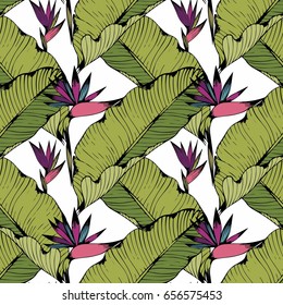 Vector seamless pattern with tropical leaves and flowers. Hand drawing. Decorative background for design of fabric, home textiles, clothes, accessories, wallpaper, curtains, covers, cases, packages