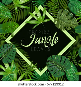 Vector seamless pattern with tropical leaves on black background.Nature illustration the inscription of Jungle in a rhombus.