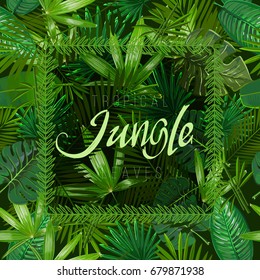 Vector Seamless pattern with tropical leaves on black background.