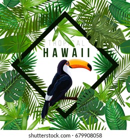 Vector Seamless pattern with tropical leaves and bird toucan on a branch on white background.Nature illustration the inscription of Hawaii in a rhombus.