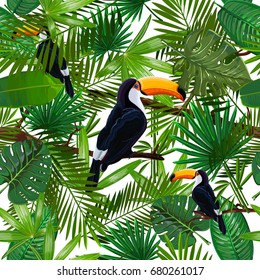 Vector Seamless pattern with tropical leaves and bird toucan on a branch on transparent background. Nature wallpaper illustration 