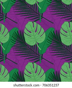 Vector seamless pattern with tropical leaves. Illustration with green monstera, palm and banana leaves on purple.
