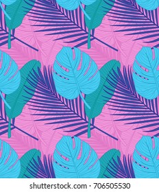 Vector seamless pattern with tropical leaves. Illustration with bluem onstera, palm and banana leaves on pink.