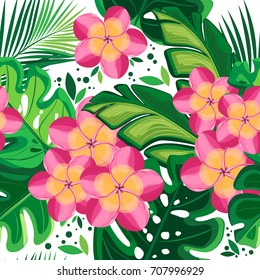 Vector seamless pattern. Tropical leaves and flowers on a white background