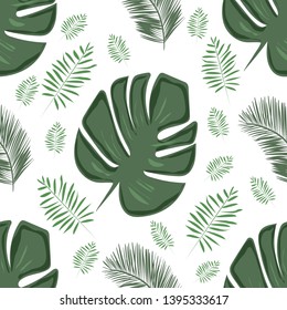 Vector seamless pattern with tropical leaves.White background.