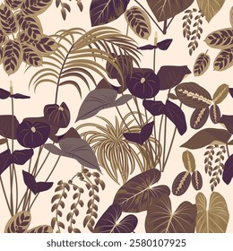 Vector seamless pattern with tropical modern houseplants, jungle background in beige colors. Botanical art illustration for wallpaper, wall decoration, fabric, textile, cards.