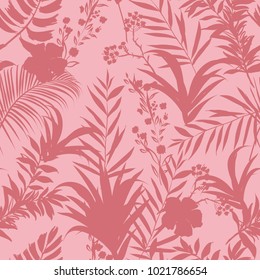 Vector seamless pattern tropical monotone forest leaves on pink