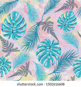 Vector Seamless pattern with tropical monstera leaves tropilal on Pastel abstract Watercolor texture background. 