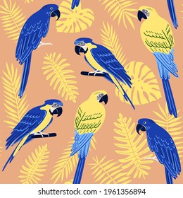 Vector seamless pattern with tropical monstera, palm and fern leaves with parrots: blue and gold macaw and hyacinth macaws. Summer illustration 