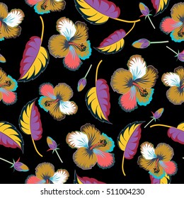 Vector seamless pattern of tropical multicolor hibiscus on a black background, dense jungle. Hand painted. Pattern with tropic summertime motif may be used as texture, for fabric or textile design.