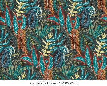 Vector seamless pattern with tropical palm leaves, jungle plants. Endless natural background