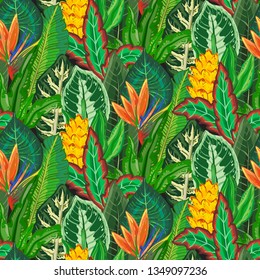 Vector seamless pattern with tropical palm leaves, jungle plants, exotic flowers. Colorful endless natural background