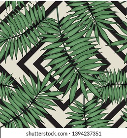 Vector seamless pattern with tropical palm leaves  on black and white  background. Good for printing. Wallpaper, textile and fabric design. Wrapping paper pattern. Cute pattern.