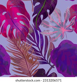 Vector seamless pattern. Tropical palm leaves in purple tones. exotic plants. For design, print, wallpaper, textile, fabric, paper.