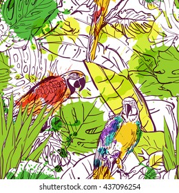 Vector seamless pattern with tropical parrot birds and palm leaves. Watercolor summer time illustration of jungle. Floral background with parrots. Design for fashion textile summer print or wrapping.
