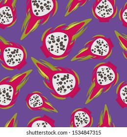 Vector seamless pattern with tropical pataya fruit and dragon fruit. For design packaging, textile, background, design postcards and posters.