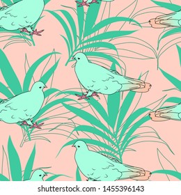 vector seamless pattern tropical pigeon bird green leafs