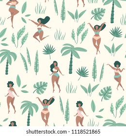 Vector sin fisuras con plantas tropicales y mujeres. Diseño plano.