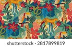 Vector seamless pattern with tropical plants and flowers, wild animals, cheetah, toucan, exotic birds.