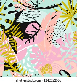 Vector seamless pattern with tropical plants and hand drawn abstract textures. Colorful endless background