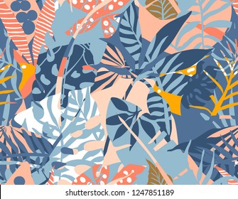 Vector seamless pattern with tropical plants and hand drawn abstract textures. Colorful endless background