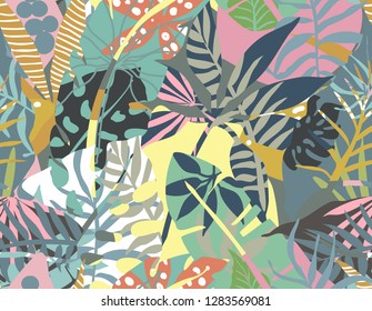 Vector seamless pattern with tropical plants and hand drawn abstract textures. Colorful endless background
