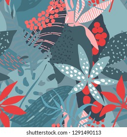 Vector seamless pattern with tropical plants and hand drawn abstract textures. Colorful endless background