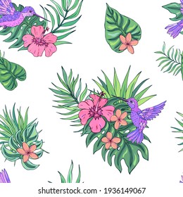 Vector seamless pattern with tropical plants and hummingbird. Decoration print for wrapping, wallpaper, fabric. Seamless vector texture. 