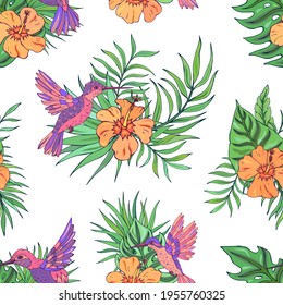 Vector seamless pattern with tropical plants and hummingbird. Decoration print for wrapping, wallpaper, fabric. Seamless vector texture. 