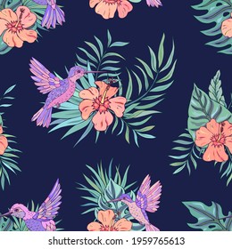 Vector seamless pattern with tropical plants and hummingbird. Decoration print for wrapping, wallpaper, fabric. Seamless vector texture. 