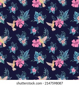 Vector seamless pattern with tropical plants and hummingbird. Decoration print for wrapping, wallpaper, fabric. Seamless vector texture. 