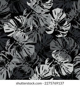 Vector seamless pattern with tropical plants and hand drawn abstract textures.  Monstera pattern perfect for fabrics and decoration