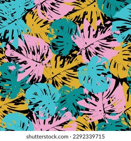 Vektornahtloses Muster mit tropischen Pflanzen und handgezeichnet abstrakten Texturen.  Psychedelische Farben Monstera Muster Hintergrund für den Sommer.
