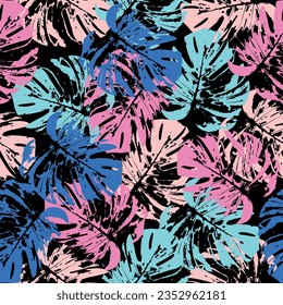 Vector seamless pattern with tropical plants and hand drawn abstract textures.  Monstera pattern perfect for fabrics and decoration