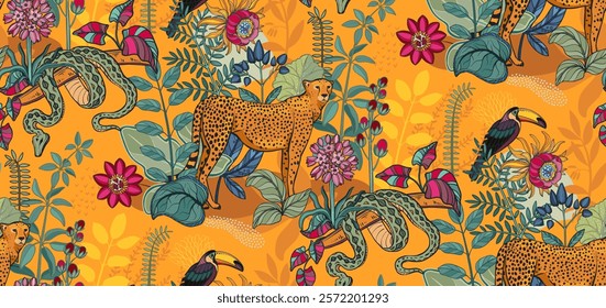 Vector seamless pattern with tropical plants and flowers, wild animals, cheetah, toucan, exotic birds.