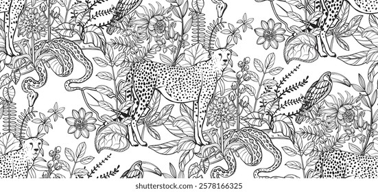 Vector seamless pattern with tropical plants and flowers, wild animals, cheetah, toucan, exotic birds. Black and white graphic endless background