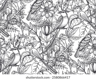 Vector seamless pattern with tropical plants and flowers, wild exotic birds. Black and white graphic endless background
