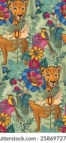 Vector seamless pattern with tropical plants and flowers, wild animals, cheetah, toucan, exotic birds.