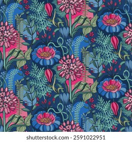 Vector seamless pattern with tropical plants and flowers. Colorful graphic endless background