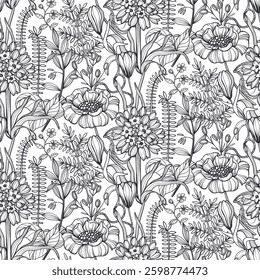 Vector seamless pattern with tropical plants and flowers. Black and white graphic endless background