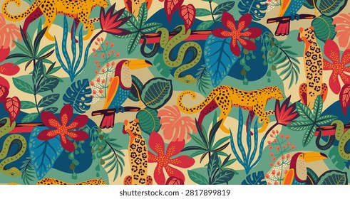 Vector seamless pattern with tropical plants and flowers, wild animals, cheetah, toucan, exotic birds.