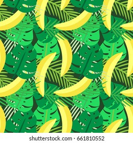 Vector seamless pattern with tropical plants and bananas.