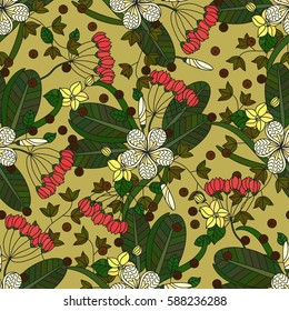 Vector seamless pattern with tropical plumeria flowers, ivy, seeds.