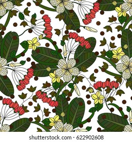 Vector seamless pattern with tropical plumeria flowers, ivy, seeds.