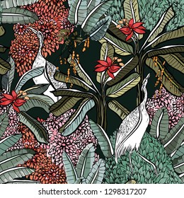 Vector Seamless Pattern Tropical Rainforest with Pink Exotic Flowers and Jungle Bird Crane in Indian Style on Black Background
