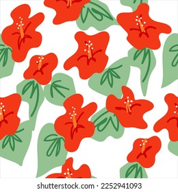 Vector seamless pattern with tropical red hibiscus flowers and green leaves. Summer exotic background. Abstract organic shapes flowers.