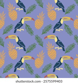 Vector seamless pattern. A tropical scene with a bird and a pineapple. 